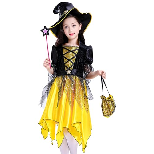 GZBMEZS Mädchen-Hexen-Outfit, Hexen-Cosplay-Kinder, Süße Halloween-Märchen-Hexe-Kostüme, Halloween-Cosplay-Outfits, Halloween-Hexenkleid, süßes Hexenkostüm, Cosplay-Requisiten für Cosplay von GZBMEZS