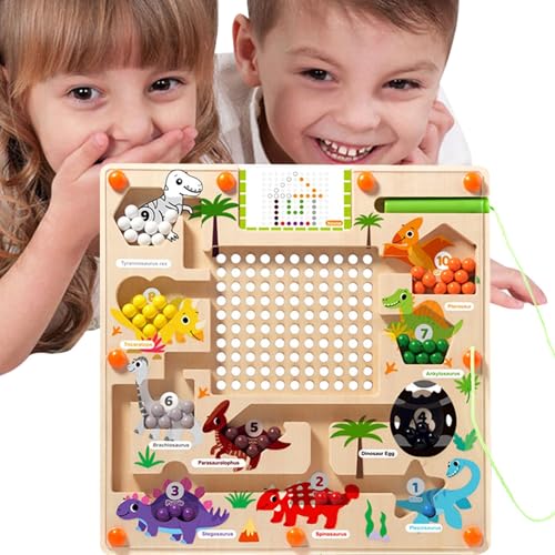 Magnetisches Farbperlenlabyrinth, Perlenspiel Farbsortierung - Dinosaurier-Regenbogenperlen-Puzzle | Hölzernes Magnet-Puzzlebrett, Regenbogenperlen-Puzzle, Farbsortier-Zählspielzeug für Kinder ab 3 Ja von GZBMEZS