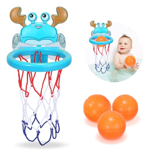 Badspielzeug, Badewanne Basketball -Hoop für Kinder Kleinkinder - Neu verbessertes Starkes Saugnapfbasketball -Hoop mit 3 Bällen Set (Krabbe-Blau) von GZCY