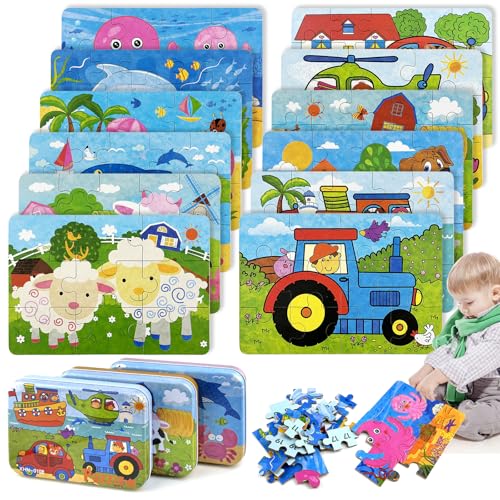 GZLCEU 12 STK 16×11cm Puzzle, Holz Kinderpuzzle Mini-Puzzle Kinder mit 3 STK Box für Kinder, Jungen, Mädchen Puzzle ab 3 4 5 Jahren(Jeweils 4 STK in 3 Stilen) von GZLCEU