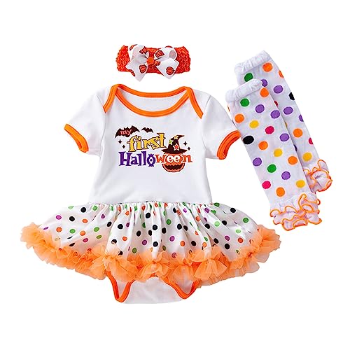 GZSRTT 3Pcs Baby Mädchen Halloween Outfit Kleinkind Druck Strampler Kleid Bogen Tutu Rock mit Stirnband Neugeborenes Thanksgiving Bodysuit von GZSRTT