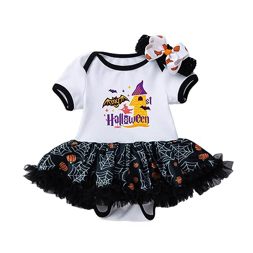 GZSRTT 3Pcs Baby Mädchen Halloween Outfit Kleinkind Druck Strampler Kleid Bogen Tutu Rock mit Stirnband Neugeborenes Thanksgiving Bodysuit von GZSRTT