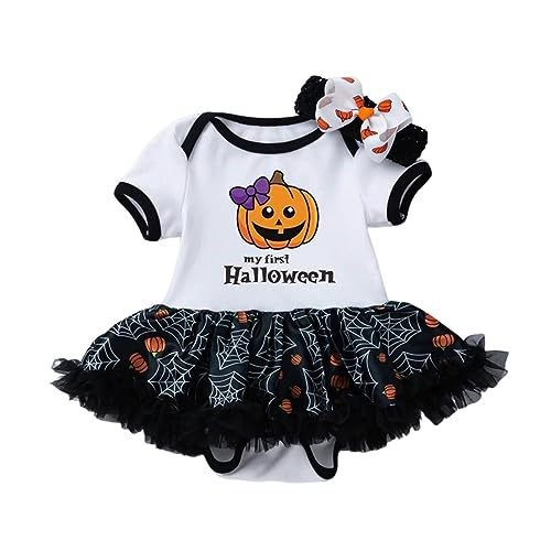 GZSRTT Baby Kinder Mädchen 1. / 2. / 3. Geburtstag Outfit Kurzarm Strampler Body T-shirt Prinzessin Rock Stirnband 3tlg Set Halloween Kostüm Kinder Kürbis Kostüm,Halloween-Spitzenkleid Set Partei Hex von GZSRTT