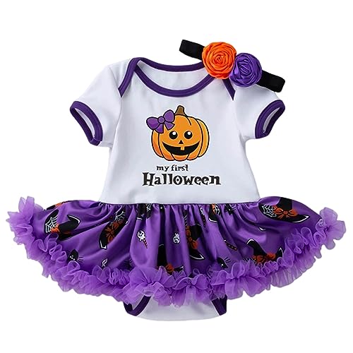 GZSRTT Baby Kinder Mädchen 1. / 2. / 3. Geburtstag Outfit Kurzarm Strampler Body T-shirt Prinzessin Rock Stirnband 3tlg Set Halloween Kostüm Kinder Kürbis Kostüm,Halloween-Spitzenkleid Set Partei Hex von GZSRTT