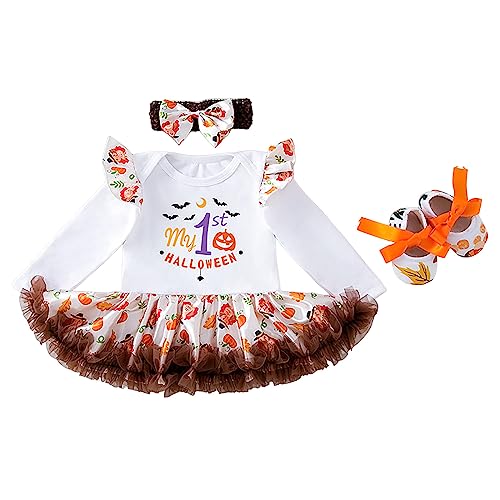 GZSRTT Baby Kinder Mädchen 1. / 2. / 3. Geburtstag Outfit Kurzarm Strampler Body T-shirt Prinzessin Rock Stirnband 3tlg Set Halloween Kostüm Kinder Kürbis Kostüm,Halloween-Spitzenkleid Set Partei Hex von GZSRTT