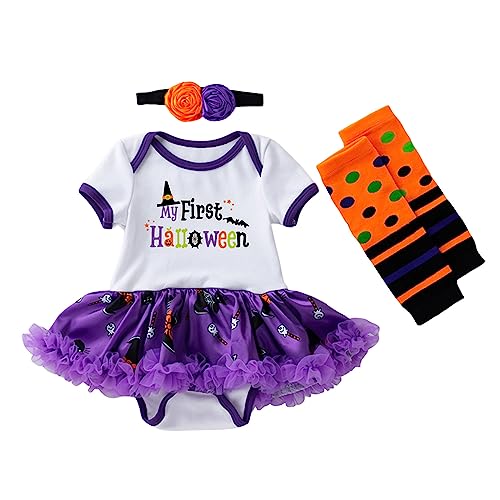 GZSRTT Baby Kinder Mädchen 1. / 2. / 3. Geburtstag Outfit Kurzarm Strampler Body T-shirt Prinzessin Rock Stirnband 3tlg Set Halloween Kostüm Kinder Kürbis Kostüm,Halloween-Spitzenkleid Set Partei Hex von GZSRTT