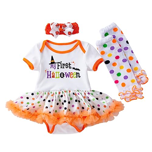 GZSRTT Baby Mädchen 1. / 2. / 3. Geburtstag Outfit Baumwolle Kurzarm Strampler + Gepunktet Tütü Rock + Stirnband 3tlg Bekleidungsset Halloween Kürbis Mantel Hut,Erstes Halloween Rollenspiele Anime Cos von GZSRTT