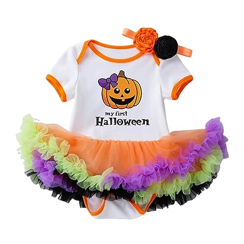 GZSRTT Baby Mädchen Halloween Kostüm Set – Mein Erstes Halloween, Kürbis Strampler, Tutu Rock, Beinwärmer, Schuhe & Stirnband – 7-teilig, Weiche Baumwolle, Halloween-Party Outfit von GZSRTT