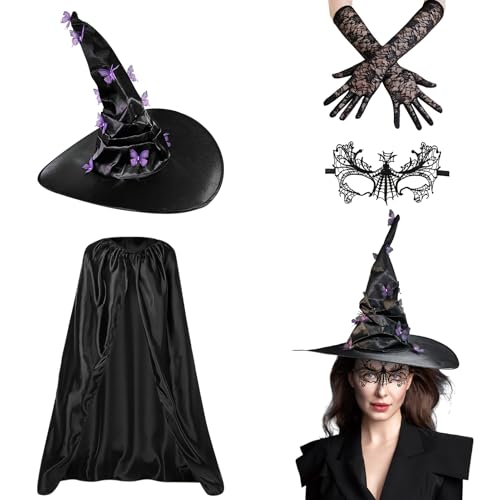 GZWY Halloween Kostüm Damen, Halloween Deko Hexenkostüm Damen Hexenhut Geister Umhang mit Spitze Maske Handschuhe, Halloween Kleid für Halloween, Karneval, Cosplay und Maskerade (Lila) von GZWY