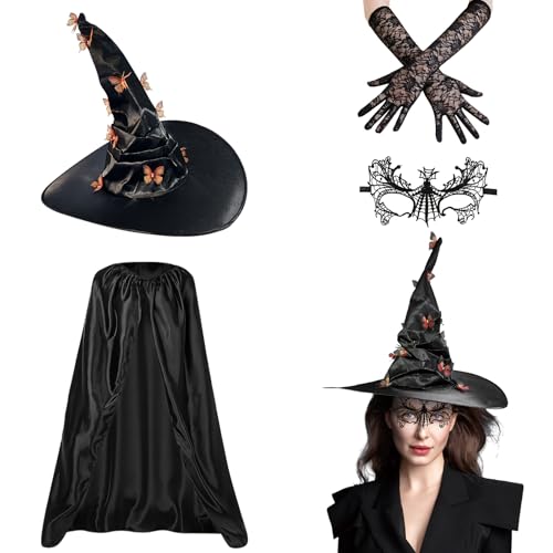 GZWY Halloween Kostüm Damen, Halloween Deko Hexenkostüm Damen Hexenhut Geister Umhang mit Spitze Maske Handschuhe, Halloween Kleid für Halloween, Karneval, Cosplay und Maskerade (Orange) von GZWY