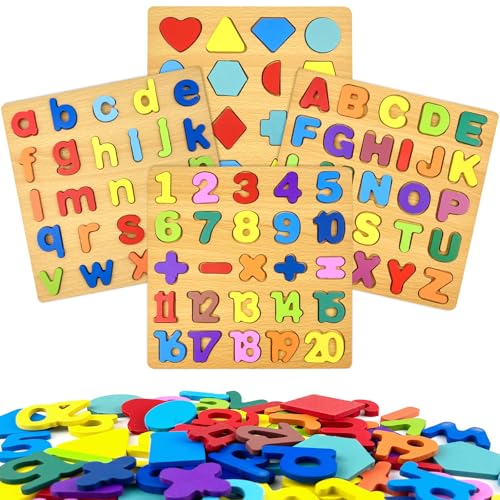 GZjiyu 4 Stück Buchstaben Holz Set, Kinder Steckpuzzle Holz, Zahlengrafik-Alphabet Puzzle Frühlernspielzeug für ab 3+ Kleinkinder und Vorschulkinder von GZjiyu