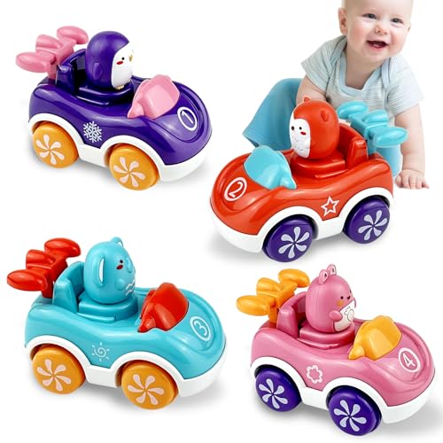 GZqiancang 4 Stück Baby Auto Spielzeug, Cartoon Auto Spielzeug Baby für 1 2 3 Jahre Jungen Mädchen FestivalGeschenk oder Alltagsspielzeug(4 Farben) von GZqiancang