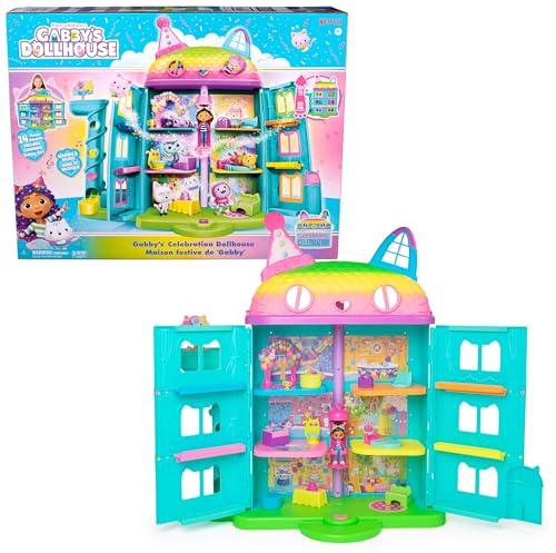 Gabby's Dollhouse 6071380 15-teiliges Purrfect Party Puppenhaus Spielset im Regenbogen-Look, über 60cm mit Gabby-Figur, Möbeln und Geräuscheffekten, ab 3 Jahren, Mit Umkarton von Gabby's Dollhouse