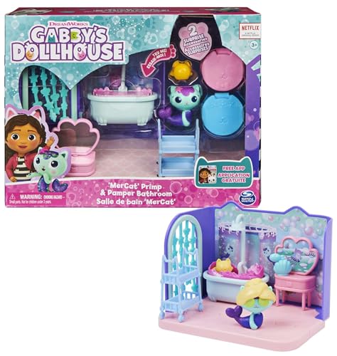 Gabby‘s Dollhouse Deluxe Raum, Primp and Pamper Bathroom, Badezimmer mit Meerkätzchen (engl. MerCat), 3 Möbelstücken und 2 Überraschungsboxen mit Zubehörteilen, geeignet für Kinder ab 3 Jahren von Gabby's Dollhouse