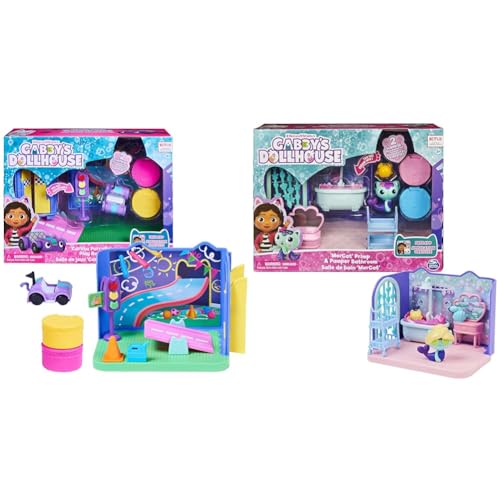 Gabby‘s Dollhouse Deluxe Raum, Purr-ific Play Room, Spielzimmer mit Carlita Spielzeugauto & Deluxe Raum, Primp and Pamper Bathroom von Gabby's Dollhouse