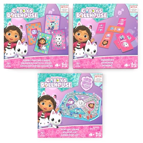 Gabby's Dollhouse 6066779 3 Bundle Geschenkset, Pop-Up Spiel Dominosteine Jumbo Spielkarten, Toys Kids Games, für Vorschüler ab 4 Jahren, Weiß, 1 von Gabby's Dollhouse