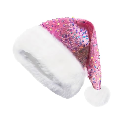 Gacqpli Glitzernde Weihnachtsmütze - Weihnachtsmütze Mit Pailletten, Rosa Weihnachtsmütze Für Erwachsene, Warm And Dicker Weihnachtsmann Santa Nikolaus Mütze von Gacqpli