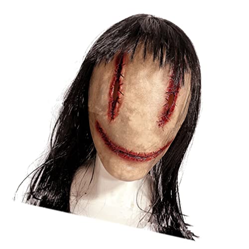 Gadpiparty Gruselige Halloween-Maske Mit Langen Haaren Gruselige Halloween-Maske Voller Kopf Latxe-Maske Nähte Weibliche Geistermaske Gruselige Kostüm-Cosplay-Maske Für von Gadpiparty