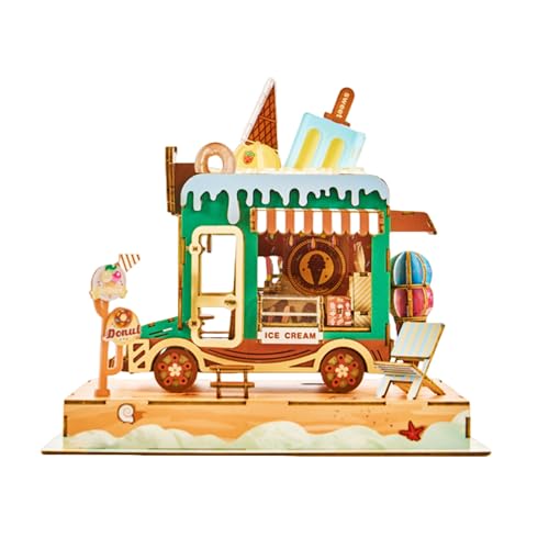 GalaSpark 3D Puzzle Eiswagen Modell - DIY Miniatur Set Puppenhaus Food Truck Holz Modell mit LED-Lichtern - Kreatives Geschenk für Kinder und Erwachsene (Eiswagen) von GalaSpark