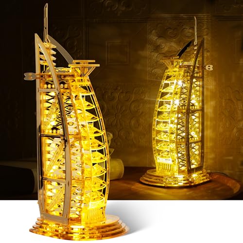 GalaSpark 3D-Puzzle Burj Al Arab Gebäudemodellbausatz, DIY Dubai Wahrzeichen Gebäudemodell mit LED-Licht, Heimdekoration Festivalgeschenk für Erwachsene und Kinder 100-teilig (Golden) von GalaSpark