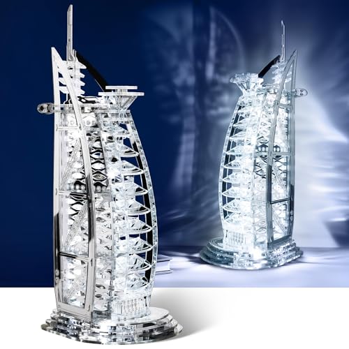 GalaSpark 3D-Puzzle Burj Al Arab Gebäudemodellbausatz, DIY Dubai Wahrzeichen Gebäudemodell mit LED-Licht, Heimdekoration Festivalgeschenk für Erwachsene und Kinder 100-teilig (Silber) von GalaSpark