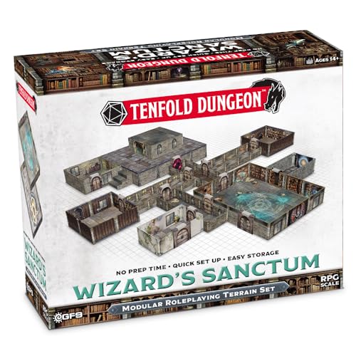 Gale Force Nine - Tenfold Dungeon - Wizards Sanctum: Karton-Gelände-Set, 12 Räume, 2 Tore, 20 Türen, 4 kleine Türen, 21 Zauber-Spielsteine, 8 Wände, 6 Treppen, für Kinder ab 15 Jahren von Gale Force Nine