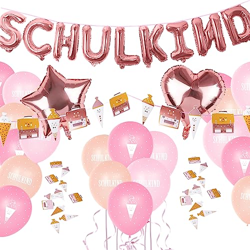 Einschulung Deko Set für Mädchen, Folienballon Schulkind Girlande + Schultüte und Schulranzen Banner + Schuleinführung Schulanfang Luftballon + Zuckertüten Konfetti Roségold von Gallop Chic