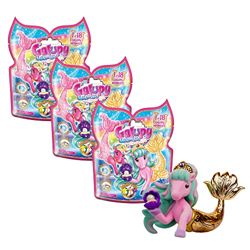 GALUPY Mermaid 3er Pack - Einhorn Spielzeug mit Meerjungfrauenflosse, 3X Einhorn Figuren mit Swarovski Kristall, 18 Verschiedene Einhorn Figuren zum Sammeln von Galupy