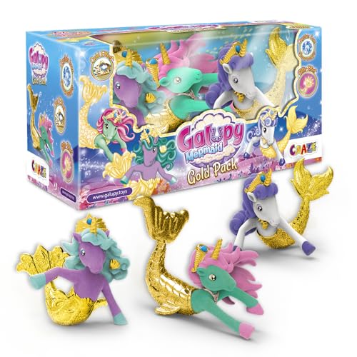 GALUPY Mermaid Gold Edition - 3X Einhorn Figuren mit besonderen goldenen Schwänzen - Einhorn Spielzeug von Galupy