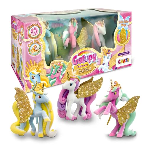 GALUPY Unicorn Gold Edition - 3X Einhorn Figuren mit goldenen Flügeln & Kristall von Swarovski - Einhorn Spielzeug von Galupy