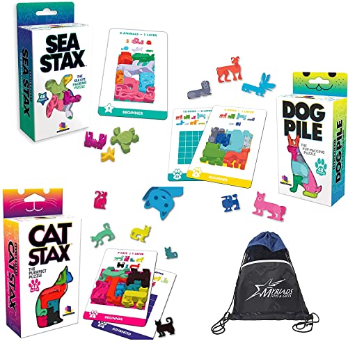 Brainwright Cat STAX The Perrfect Puzzle, Dog Pile The Pup & Sea STAX The Deep Sea Creature Shaped Pattern Puzzle Packing Game von Gamewright