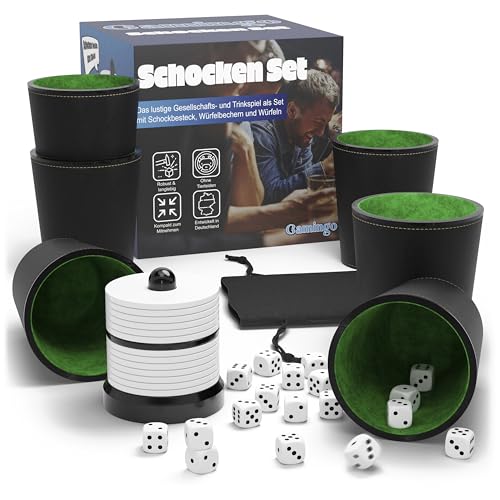 Gamingo Schocken Set Komplett mit 6 Würfelbechern, Schockbesteck & Würfeln, hochwertiges Schocken Würfelspiel Set, langlebiges Schockbesteck Set - ideal fürs Schocken Spiel von Gamingo