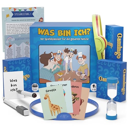 Gamingo Wer Bin Ich Spiel für Kinder & Familien - Spiel ab 6 Jahre - bis zu 8 Spieler, lustiges was Bin Ich Spiel Kinder, Familienspiele ab 6 Jahre, Gesellschaftsspiele ab 6 mit über 200 Spielkarten von Gamingo