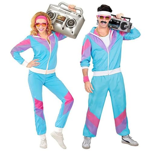 Gammify 80er Jahre Kostüm Outfit Herren Damen Trainingsanzug Disco Accessoires, 80er 90er Retro Anzug Jacke Hose Anzug Style Jogginganzug für Karneval Faschingskostüm Blau L von Gammify