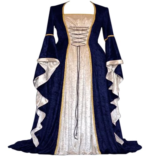 Gammify Damen Retro Mittelalter Kleid mit Trompetenärmel, Mittelalterliche Viktorianischen Königin Kleider Renaissance Gotisch Maxikleid Karneval Halloween Party Prinzessin Kostüm Dunkelblau XL von Gammify