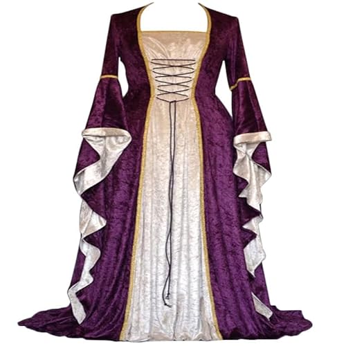 Gammify Damen Retro Mittelalter Kleid mit Trompetenärmel, Mittelalterliche Viktorianischen Königin Kleider Renaissance Gotisch Maxikleid Karneval Halloween Party Prinzessin Kostüm Purple L von Gammify