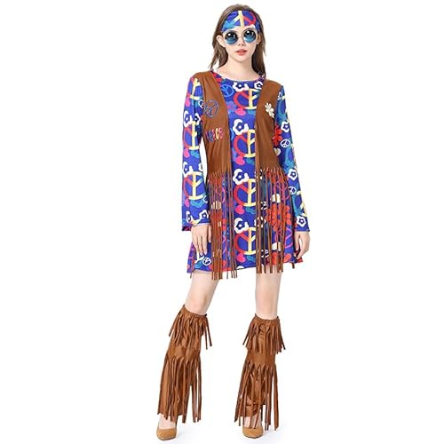 Gammify Hippie Kostüm Damen 60er 70er Jahre Kleidung Retro Frauen Hippie Disco Kleid Mädchen Faschingskostüme Accessoires für Halloween Karneval Cosplay Blau L von Gammify