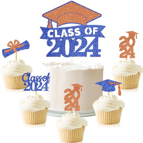 Abschluss-Tortenaufsatz Congrats Grad Cupcake Topper Kindergarten High School College University Glitzer Dekoration Blau Orange von Gankbite