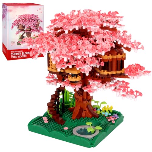 GaoDeBuChou Kirschblüte Baumhaus,Blumen Bonsai Baum,2028 PCS Botanical Mikro klemmbausteine Set für Erwachsene und 14+Kinder(Mit einem Lichtset) von GaoDeBuChou