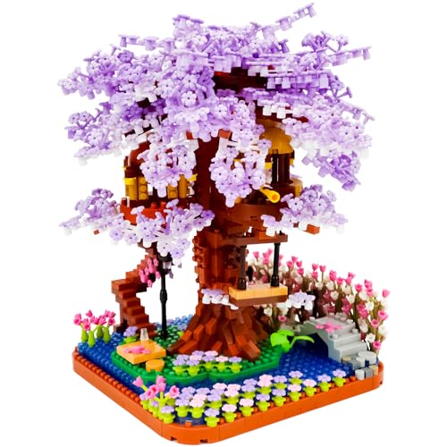 GaoDeBuChou Lila Kirschblüte Baumhaus,Blumen Bonsai Baum,2200 PCS Botanical Mikro klemmbausteine Set für Erwachsene und 14+Kinder(Mit einem Lichtset) von GaoDeBuChou