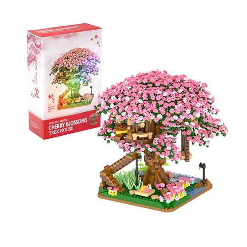 GaoDeBuChou Sakura Baumhaus-Baustein-Set, 2008-teiliges Kirschblüten-Bonsai-Mini-Mikrostein-Set, Blumen, botanisches Geschenk für Erwachsene ab 14 Jahren (mit Licht-Set) von GaoDeBuChou