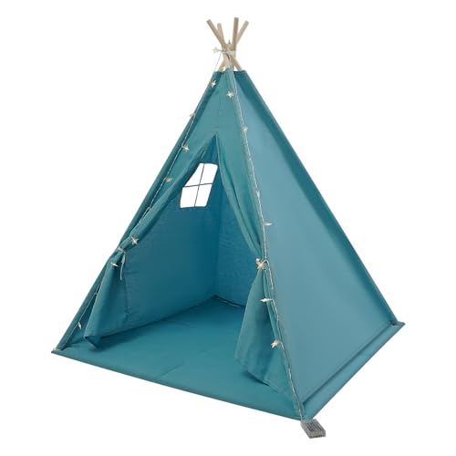 Garbenat Kinderzelt 1.6m Tipi Zelt für Kinder Indoor Kinderzimmerzelt aus Baumwolle Faltbares Tippi Kinderzelt mit Matte & Lichterkette 1-3 Kinder Spielzelt für Geburtstagsfeiern, Schlafzimmer (Blau) von Garbenat