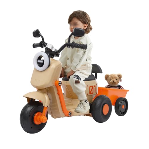 Elektro Dreirad für 2-6 Jahren, Elektromotorrad mit EU-Stecker Kinderfahrzeug Motorrad mit Korb Kindermotorrad für 6V 4.5AH Blei-Säure-Batterie (Nicht enthalten) (Beige) von Gardenoble