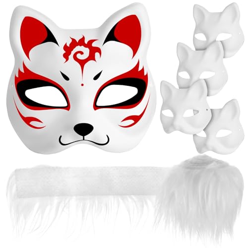 Garneck 5 Stück Katzenmasken Partymasken Blankomasken Requisiten Maskerademasken Tier Leere Cosplaymasken Mit Boa von Garneck