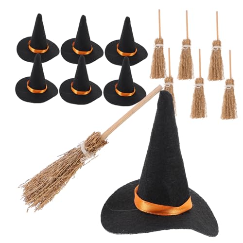 Garneck 7 Satz Halloween Filz Hexenhut Set Mini-Hut-Kostüm Mini-Weinflaschenhüte puppenkleidung Party Dekoration Besen Halloweenkostüm kleine Hexenhüte zum Basteln Hexenhut Miniatur Stoff von Garneck