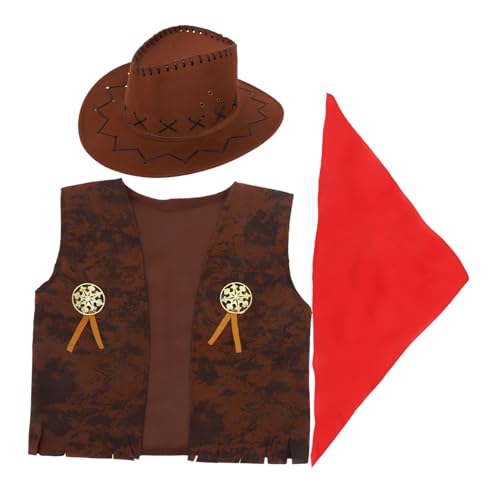 Garneck Cowboy Kostüm Western Cowboy Cowgirl Kostüm Set Weste Hut Bandana Für Halloween Dress Up Party Cosplay 130 140 L von Garneck