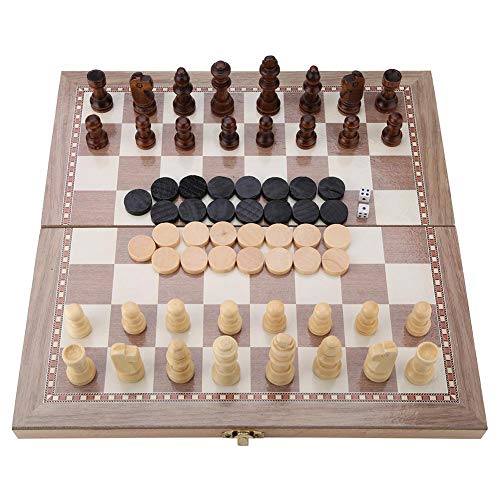 Hölzernes Schachspiel, 3-in-1 Schach und Dame und Backgammon Faltschach Brettspielspiele, Tragbare Holz Schachbrett von Garosa