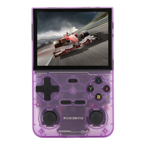 K36 Retro-Handspielkonsole, Retro-Videokonsole, 3,5-Zoll-HD-Bildschirm, 64G-Speicherkarte, Integrierte Dutzende Emulatoren, 3500-mAh-Akku, Klassische Spiele (Transparent Violet) von Garsent