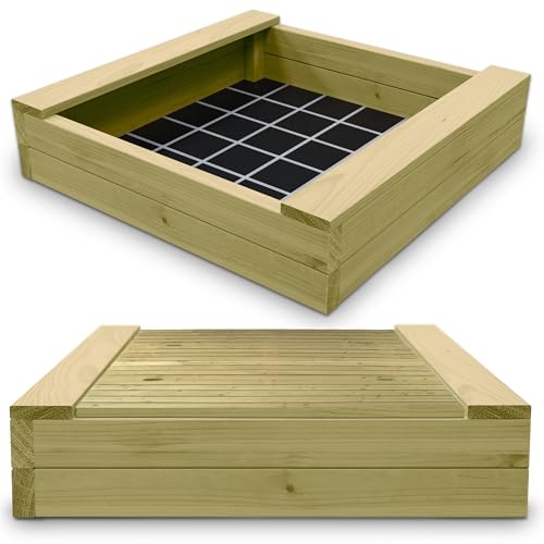 Gartenwelt Riegelsberger Massiver Sandkasten Bär 195 x 195 cm aus Kiefernholz Sandkiste Sandbox mit passendem Deckel Spielkasten inkl. Sitzbretter und Bodenplane von Gartenwelt Riegelsberger