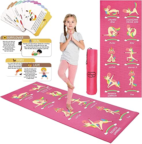 Garybank Einhorn-Yogamatten-Set für Kinder, rutschfeste Übungsmatten mit lustigen Aufdrucken, 12 Yoga-Karten für Kinder, Pinke Tragetasche, geruchsfrei, ungiftig, niedliche Yogamatte für Kinder im von Garybank